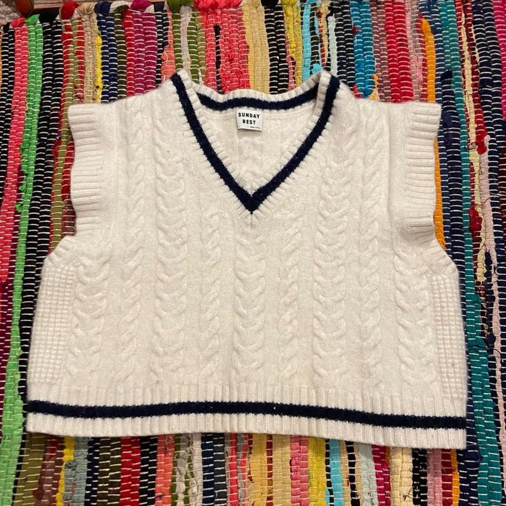 Sunday Best White V-Neck Cable Knit Sweater Vest